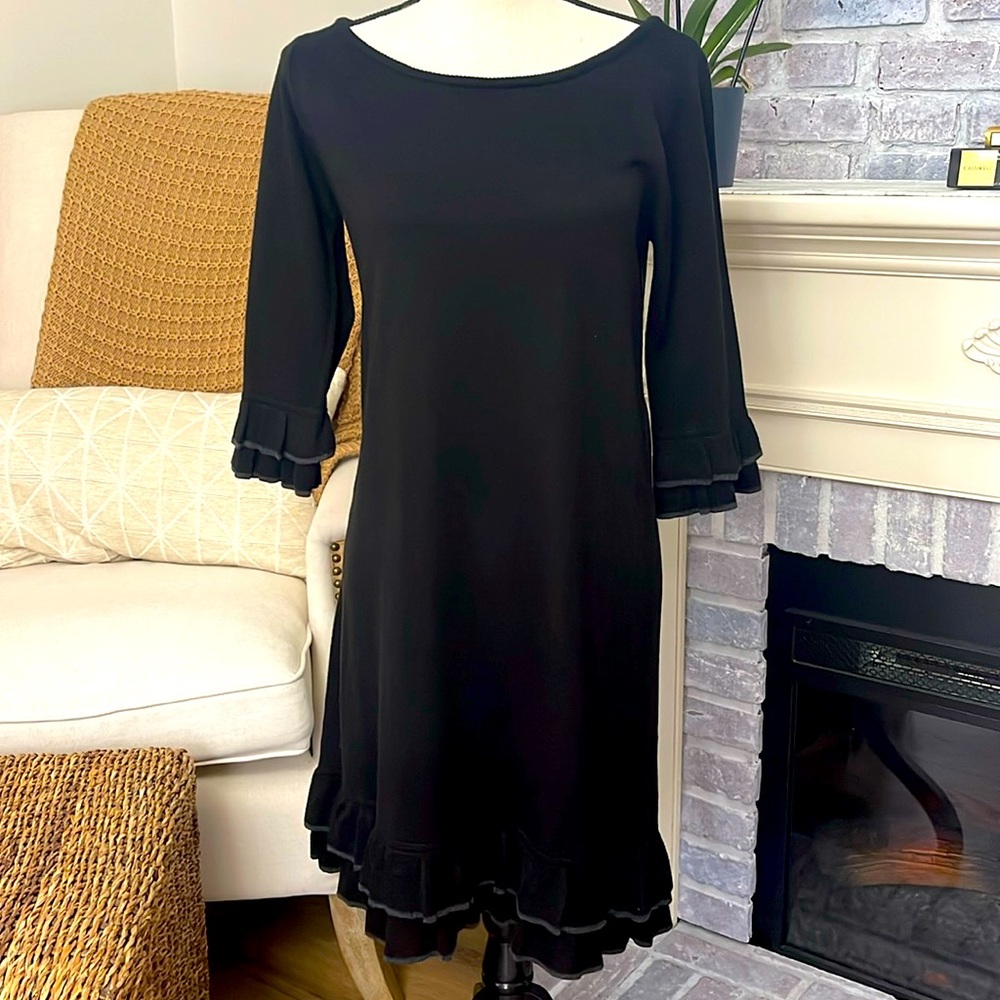 Jessica Howard Knit Sweater 3/4 SleeveRuffled Dress Black with Charcoal Accent M
